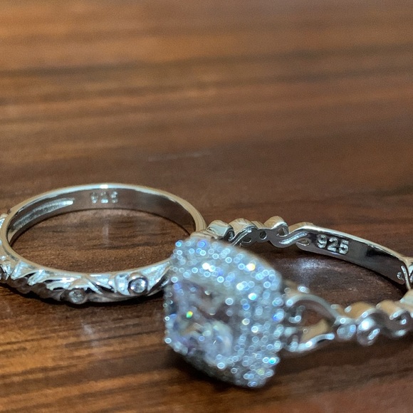 Sterling Silver CZ Vintage Engagement Ring Set Size 7 - Picture 8 of 10